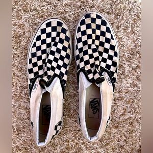 black and white checkered slip on vans- size 10